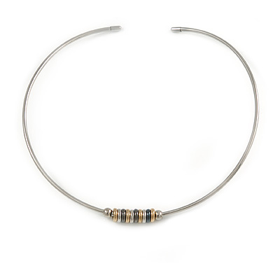 Stylish Polished Silver Tone Bar Choker Style Necklace with Sliding Rings - Flex - Adjustable - main view