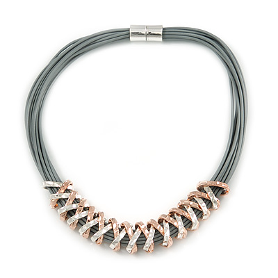 Multistrand Grey Leather Cord with Two Tone Zig Zag Pendant Necklace with Magnetic Closure - 45cm L - main view