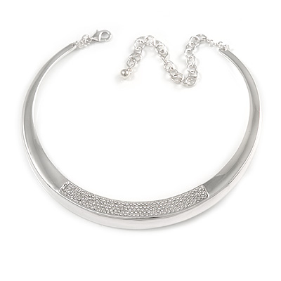 Polished Silver Tone Collar Necklace with Crystal Accent - 34cm L/ 14cm Ext - main view