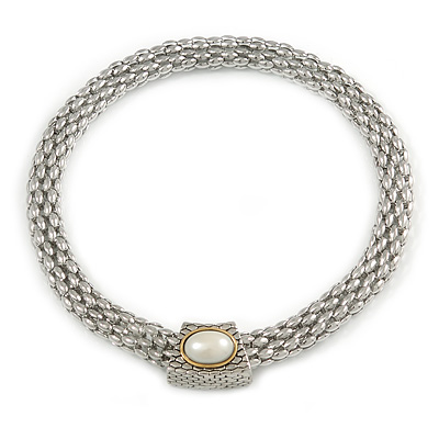 Statement Wide Mesh Chain Magnetic Necklace with Pearl Bead Pendant - 43cm L - main view