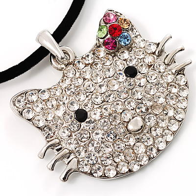 Romantic Kitty Crystal Bead Silver Tone Necklace - main view