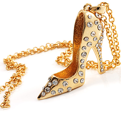 Gold Tone Crystal High Heel Shoe Pendant with Chain - 70cm L