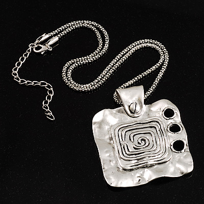 Ethnic Hammered Square Pendant (Silver Tone) - main view