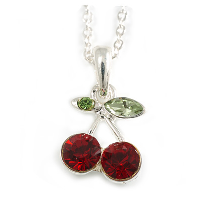 Tiny Crystal Cherry Pendant With Small Oval Link Chain In Silver Tone - 40cm L/ 5cm Ext - main view