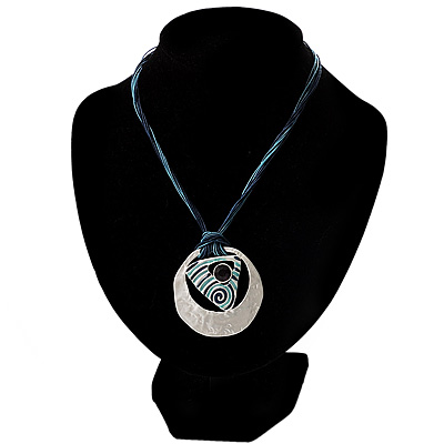 Tribal Hammered Round Blue Silk Cord Pendant (Silver Tone)