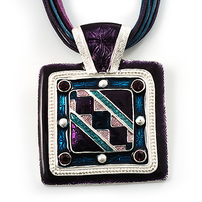 Square Ornate Enamel Cord Pendant (Teal&Purple) - main view