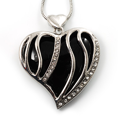 Silver Tone Black Glass Heart Pendant - main view