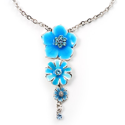 Stunning Blue Enamel Floral Drop Pendant Necklace - main view