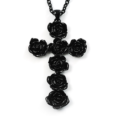 Long Black Rose Cross Pendant