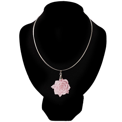 Silver Tone Pink Rose Wire Choker Necklace - main view