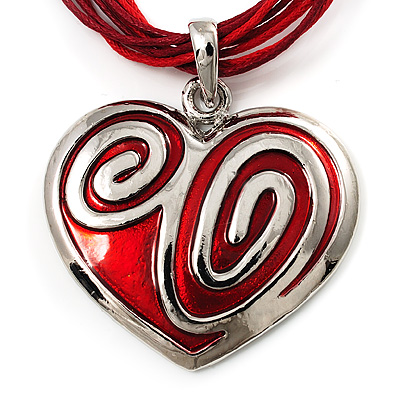 Red Enamel Heart Cotton Cord Pendant (Silver Tone) - main view