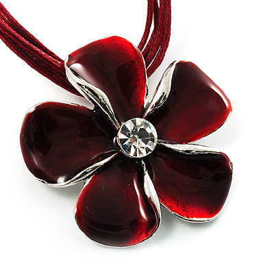 Burgundy Red Enamel Flower Cord Pendant Necklace - main view