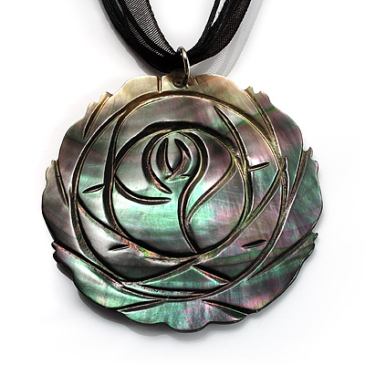 Black Romantic Rose Shell Organza Cord Pendant Necklace - main view