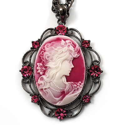Pink Crystal Cameo 'Lady With Flowers' Oval Pendant (Black Tone) - main view