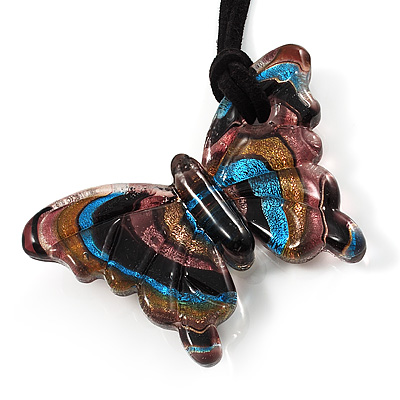 Multicoloured Glass Butterfly Suede Cord Pendant - 42cm - main view
