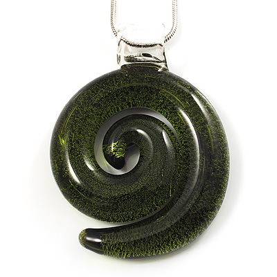 Olive Green Glass Snail Pendant Necklace (Silver Tone) - main view