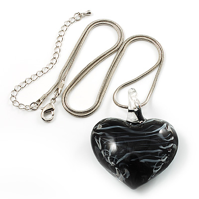 Black & White Puffed Glass Heart Pendant (Silver Tone) - main view