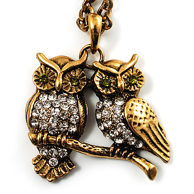 Long Diamante Owl Pendant Necklace (Antique Gold Tone) - 66cm - main view