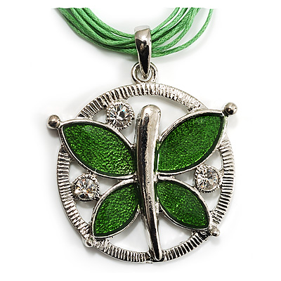 Lime Green Enamel Cotton Cord Butterfly Pendant Necklace (Silver Tone) - 40cm Length