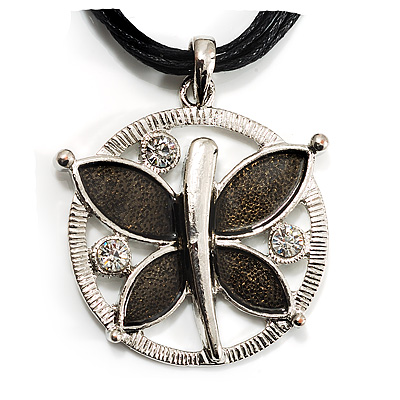 Dark Grey Enamel Cotton Cord Butterfly Pendant Necklace (Silver Tone) - 40cm Length