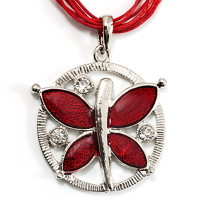 Bright Red Enamel Cotton Cord Butterfly Pendant Necklace (Silver Tone) - 40cm Length
