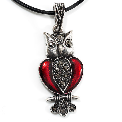 Marcasite Red Enamel Owl On Black Leather Cord Necklace - 40cm Length - main view