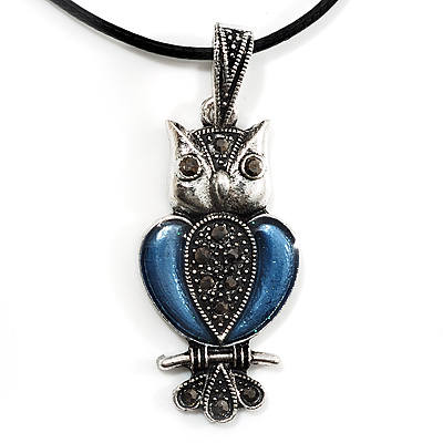 Marcasite Blue Enamel Owl On Black Leather Cord Necklace - 40cm Length - main view
