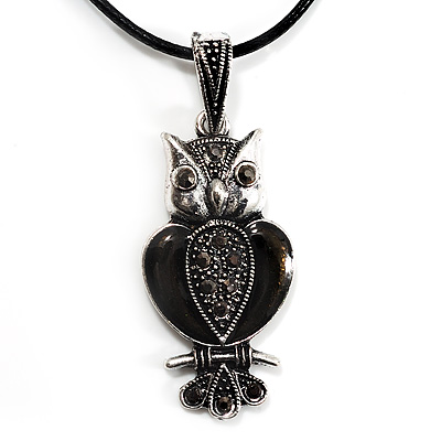 Marcasite Grey Black Enamel Owl On Black Leather Cord Necklace - 40cm Length - main view