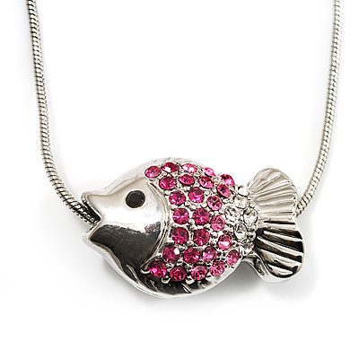 Tiny Crystal Reversible Fish Pendant With Snake Chain - 38cm Length - main view