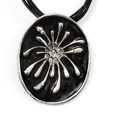 Black Enamel Oval Pendant With Cotton Cord Necklace ( Silver Tone) - 36cm Length - main view