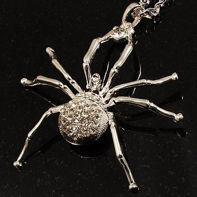 Shimmering Diamante Spider Pendant Necklace (Silver Tone Finish) - 60cm Length - main view