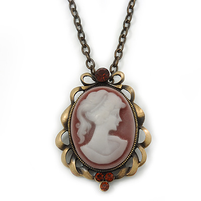 Dusty Pink Crystal Cameo 'Lady With Rose Flower' Oval Pendant (Bronze Tone)