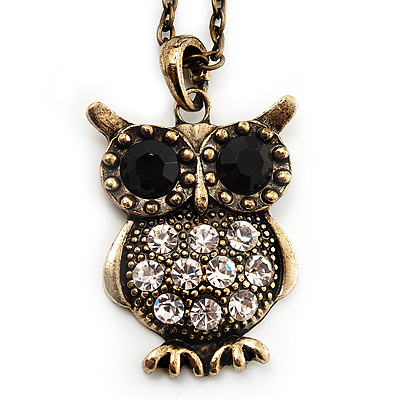 Long Vintage Bronze Tone Crystal Owl Pendant Necklace -70cm Length - main view