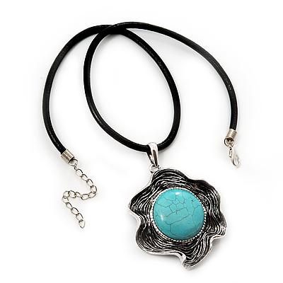 Burn Silver Turquoise Stone Flower Pendant On Leather Cord - 40cm Length - main view
