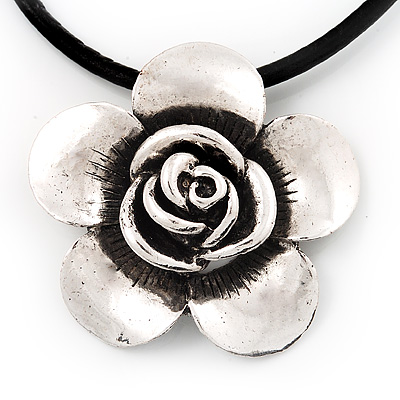 Burn Silver Rose Flower Pendant On Leather Cord - 40cm Length - main view
