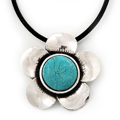 Burn Silver Turquoise Stone Daisy Flower Pendant On Leather Cord - 40cm Length - main view