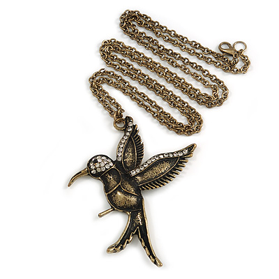 Long Vintage Inspired Hummingbird Pendant with Bronze Tone Chain/ 70cm L - main view