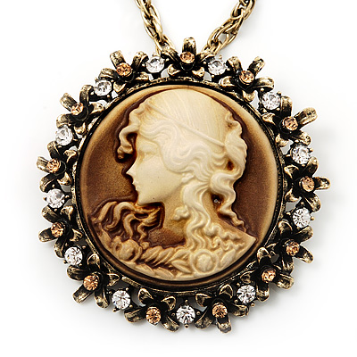 Victorian Diamante Round 'Cameo' Pendant Necklace In Antique Gold Metal Finish - 66cm Length with 6cm extension