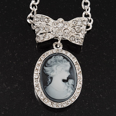 Diamante 'Cameo With Bow' Pendant Necklace In Antique Silver Metal Finish - 56cm Length with 6cm extension - main view