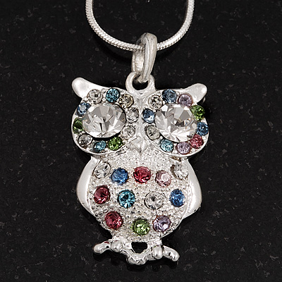 Wise Multicoloured Diamante Owl Pendant Necklace In Rhodium Plated Metal - 42cm Length - main view