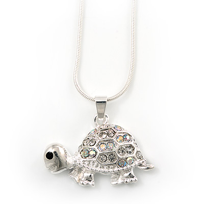 Cute Crystal Turtle Pendant Necklace In Rhodium Plated Metal - 44cm Length - main view