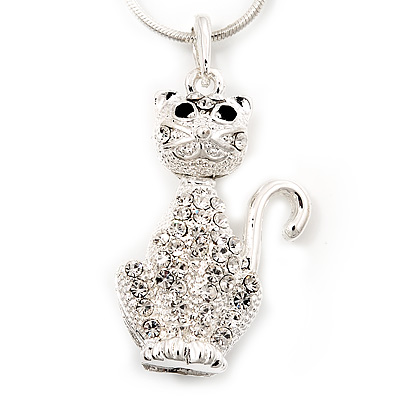 Crystal Cat  Pendant Necklace In Rhodium Plated Metal - 44cm Length - main view