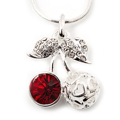 Sweet Diamante Double Cherry Pendant Necklace In Rhodium Plated Metal - 46cm Length - main view