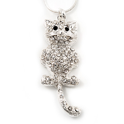 Crystal Cat With Dangling Tail Pendant Necklace In Rhodium Plated Metal - 44cm Length - main view