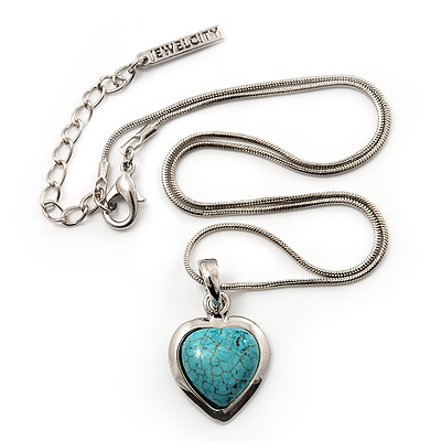 Small Turquoise Stone Heart Pendant Necklace In Silver Tone Metal - 38cm Length With 5cm Extension - main view