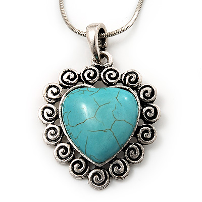 Turquoise Style Heart Pendant Necklace In Silver Tone Metal - 40cm Length With 5cm Extension - main view