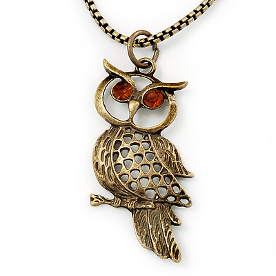 Long Filigree Owl Pendant Necklace In Burn Gold Metal - 66cm length - main view
