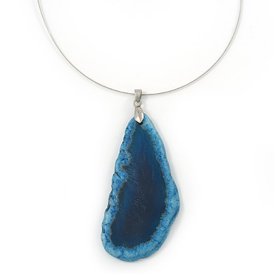 Blue Quartz Medallion Wire Pendant Necklace In Rhodium Plated Metal - 40cm Length with 6cm extension - main view