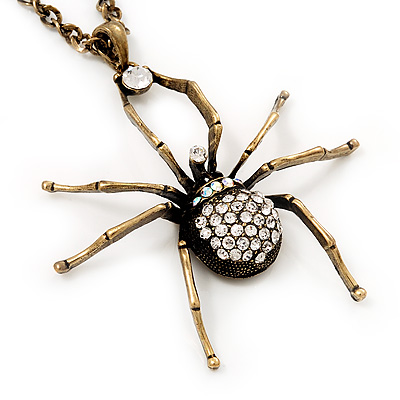 Shimmering Diamante Spider Pendant Necklace In Antique Gold Tone Metal - 60cm Length - main view