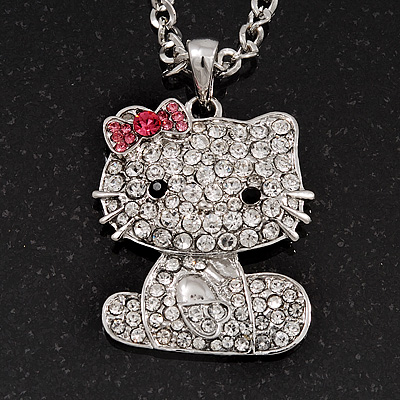Diamante Kitten With Pink Bow Pendant In Silver Tone Metal - 64cm Length with 10cm Extension - main view